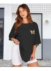 Kadın Baskılı T-Shirt Kısa Kol Bisiklet Yaka Oversize Rahat Kalıp Tişört - Siyah