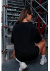 Kadın Baskılı T-Shirt Kısa Kol Bisiklet Yaka Oversize Rahat Kalıp Tişört - Siyah