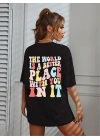 Kadın Baskılı T-Shirt Kısa Kol Bisiklet Yaka Oversize Rahat Kalıp Tişört - Siyah