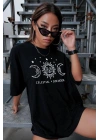 Kadın Baskılı T-Shirt Kısa Kol Bisiklet Yaka Oversize Rahat Kalıp Tişört - Siyah