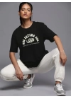 Kadın Baskılı T-Shirt Kısa Kol Bisiklet Yaka Oversize Rahat Kalıp Tişört - Siyah
