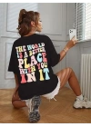 Kadın Baskılı T-Shirt Kısa Kol Bisiklet Yaka Oversize Rahat Kalıp Tişört - Siyah