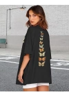 Kadın Baskılı T-Shirt Kısa Kol Bisiklet Yaka Oversize Rahat Kalıp Tişört - Siyah