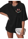 Kadın Baskılı T-Shirt Kısa Kol Bisiklet Yaka Oversize Rahat Kalıp Tişört - Siyah