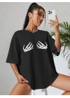 Kadın Baskılı T-Shirt Kısa Kol Bisiklet Yaka Oversize Rahat Kalıp Tişört - Siyah