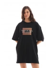 Kadın Baskılı T-Shirt Kısa Kol Bisiklet Yaka Oversize Rahat Kalıp Tişört - Siyah