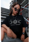Kadın Baskılı T-Shirt Kısa Kol Bisiklet Yaka Oversize Rahat Kalıp Tişört - Siyah