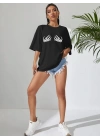 Kadın Baskılı T-Shirt Kısa Kol Bisiklet Yaka Oversize Rahat Kalıp Tişört - Siyah