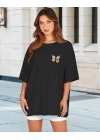 Kadın Baskılı T-Shirt Kısa Kol Bisiklet Yaka Oversize Rahat Kalıp Tişört - Siyah