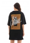 Kadın Baskılı T-Shirt Kısa Kol Bisiklet Yaka Oversize Rahat Kalıp Tişört - Siyah