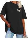Kadın Baskılı T-Shirt Kısa Kol Bisiklet Yaka Oversize Rahat Kalıp Tişört - Siyah