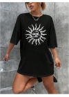 Kadın Baskılı T-Shirt Kısa Kol Bisiklet Yaka Regular Fit Rahat Kalıp Tişört - Siyah