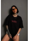 Kadın Baskılı T-Shirt Oversize Kısa kol Bisiklet yaka tişort- Siyah