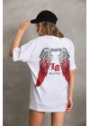 Kadın Baskılı Tişört Kısa Kol Bisiklet Yaka Oversize T-Shirt - Beyaz