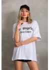 Kadın Baskılı Tişört Kısa Kol Bisiklet Yaka Oversize T-Shirt - Beyaz