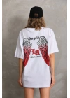 Kadın Baskılı Tişört Kısa Kol Bisiklet Yaka Oversize T-Shirt - Beyaz