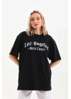 Kadın Baskılı Tişört Kısa Kol Bisiklet Yaka Oversize T-Shirt - Siyah