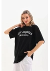 Kadın Baskılı Tişört Kısa Kol Bisiklet Yaka Oversize T-Shirt - Siyah