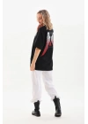 Kadın Baskılı Tişört Kısa Kol Bisiklet Yaka Oversize T-Shirt - Siyah