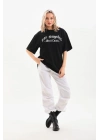 Kadın Baskılı Tişört Kısa Kol Bisiklet Yaka Oversize T-Shirt - Siyah