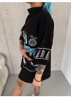 Kadın Baskılı Yarım Fermuarlı Kısa kol T-Shirt - Siyah