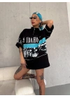 Kadın Baskılı Yarım Fermuarlı Kısa kol T-Shirt - Siyah