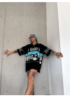 Kadın Baskılı Yarım Fermuarlı Kısa kol T-Shirt - Siyah