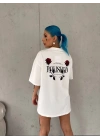 Kadın Bisiklet Yaka Baskılı Kısa kol Oversize T-Shirt - Beyaz