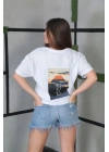 Kadın Bisiklet Yaka Baskılı Kısa kol Oversize T-Shirt- Beyaz