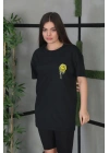 Kadın Bisiklet Yaka Baskılı  Kısa kol Oversize T-Shirt - Siyah