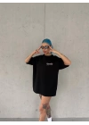 Kadın Bisiklet Yaka Baskılı kısa kol Oversize T-Shirt - Siyah