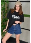 Kadın Bisiklet Yaka Baskılı  Kısa kol Oversize T-Shirt - Siyah