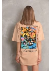 kadın Bisiklet Yaka Baskılı Oversize Kısa kol T-Shirt - Bej