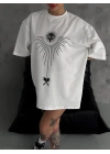 kadın Bisiklet Yaka Baskılı Oversize  Kısa kol T-Shirt - Beyaz
