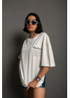 kadın Bisiklet Yaka Baskılı Oversize Kısa kol  T-Shirt - Beyaz