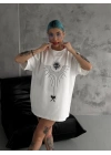 kadın Bisiklet Yaka Baskılı Oversize  Kısa kol T-Shirt - Beyaz