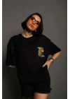 kadın Bisiklet Yaka Baskılı Oversize Kısa kol T-Shirt - Siyah
