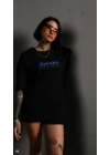 kadın Bisiklet Yaka Baskılı Oversize  Kısa kol T-Shirt - Siyah