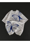 kadın  Bisiklet Yaka Baskılı Oversize T-Shirt - Beyaz