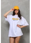 kadın Bisiklet Yaka Baskılı Oversize T-Shirt - Beyaz
