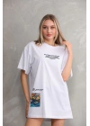 kadın Bisiklet Yaka Baskılı Oversize T-Shirt - Beyaz