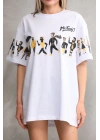 kadın Bisiklet Yaka Baskılı Oversize T-Shirt - Beyaz