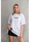 kadın Bisiklet Yaka Baskılı Oversize T-Shirt - Beyaz