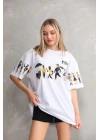 kadın Bisiklet Yaka Baskılı Oversize T-Shirt - Beyaz