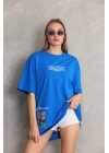 kadın Bisiklet Yaka Baskılı Oversize T-Shirt - Mavi