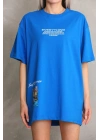 kadın Bisiklet Yaka Baskılı Oversize T-Shirt - Mavi