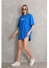 kadın Bisiklet Yaka Baskılı Oversize T-Shirt - Mavi