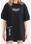 kadın  Bisiklet Yaka Baskılı Oversize T-Shirt - Siyah