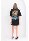 kadın  Bisiklet Yaka Baskılı Oversize T-Shirt - Siyah