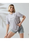 Kadın Bisiklet Yaka Baskılı Slim Fit T-Shirt - Boyalı Gri